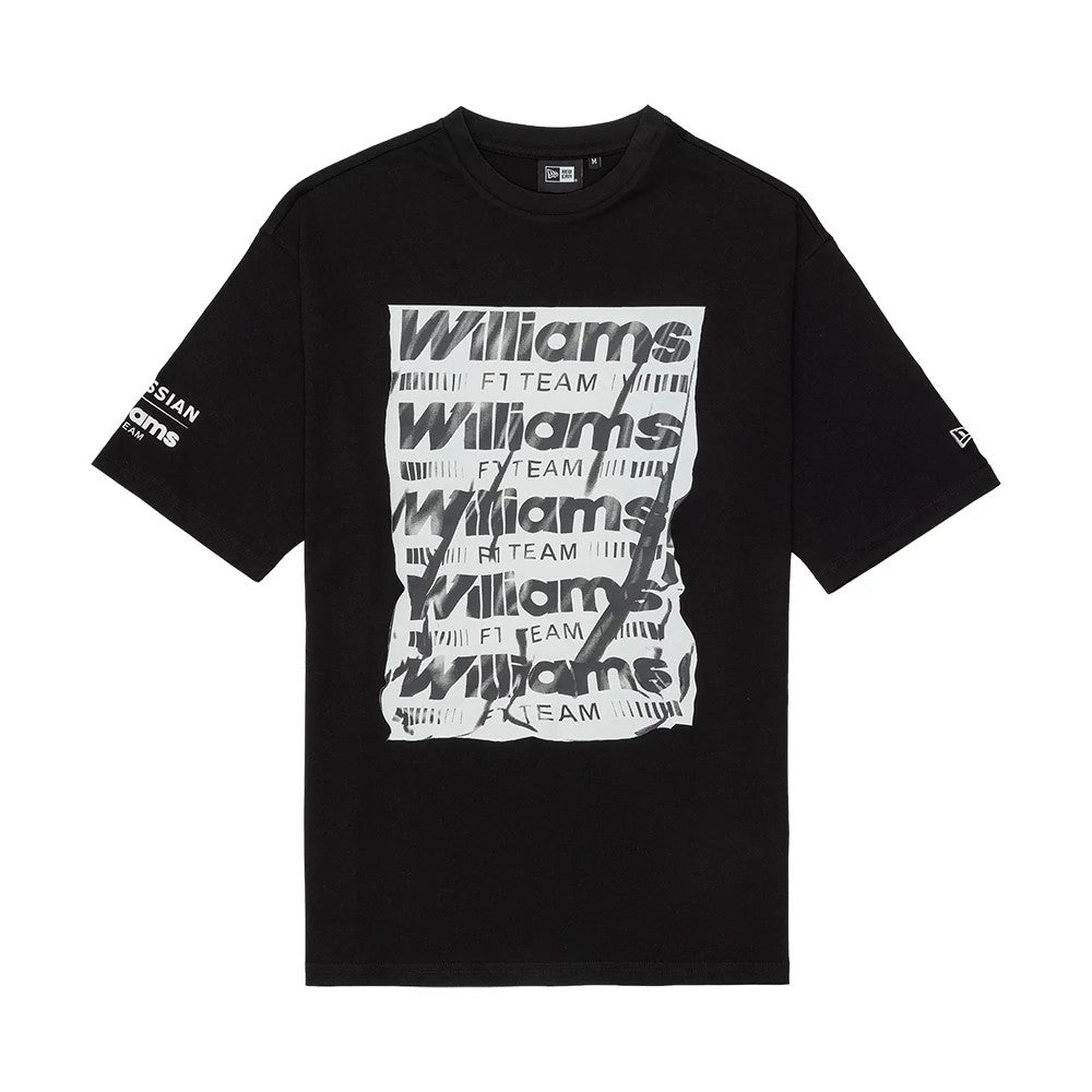 New Era Williams Black Oversized T-Shirt, front view featuring a graphic design with layered Williams F1 Team text stacked in white and grey on the centre, New Era embroidered logo on the left sleeve, and contrasting oversized fit.