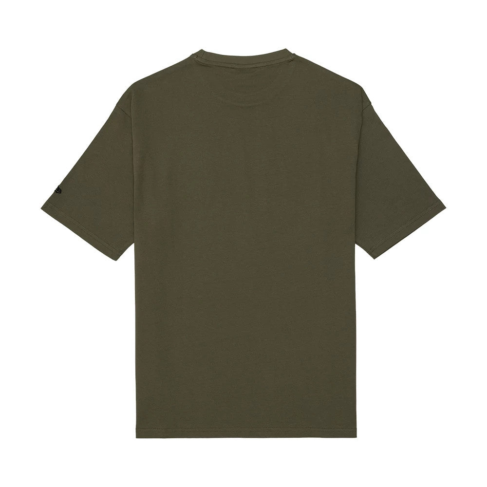 New Era Williams Helmet Graphic Green Oversized T-Shirt, back view showing a plain green surface with the New Era logo embossed on the left sleeve, short sleeves with a relaxed fit, and a ribbed round neckline.
