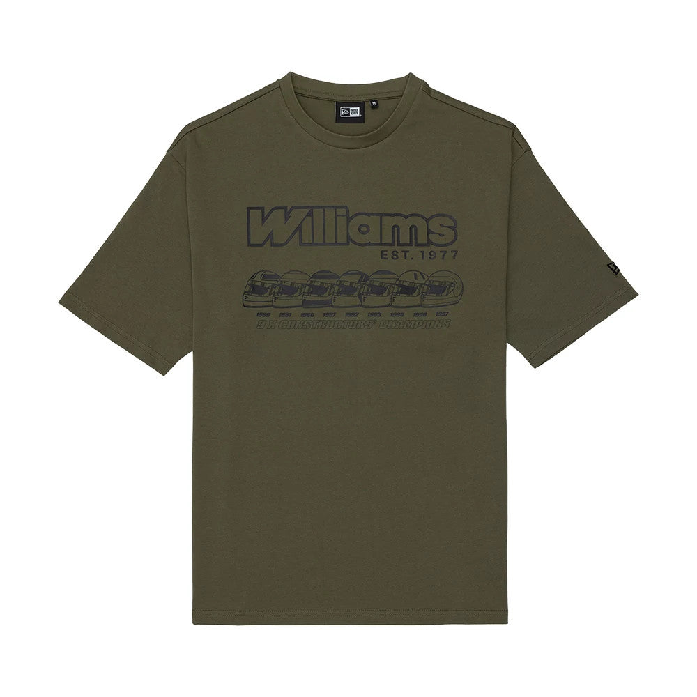 New Era Williams Helmet Graphic Green Oversized T-Shirt, front view featuring a large printed front graphic with Williams Est. 1977 and a row of helmet illustrations, underscored by 9x Constructors' Champions text, and a small logo on the sleeve.
