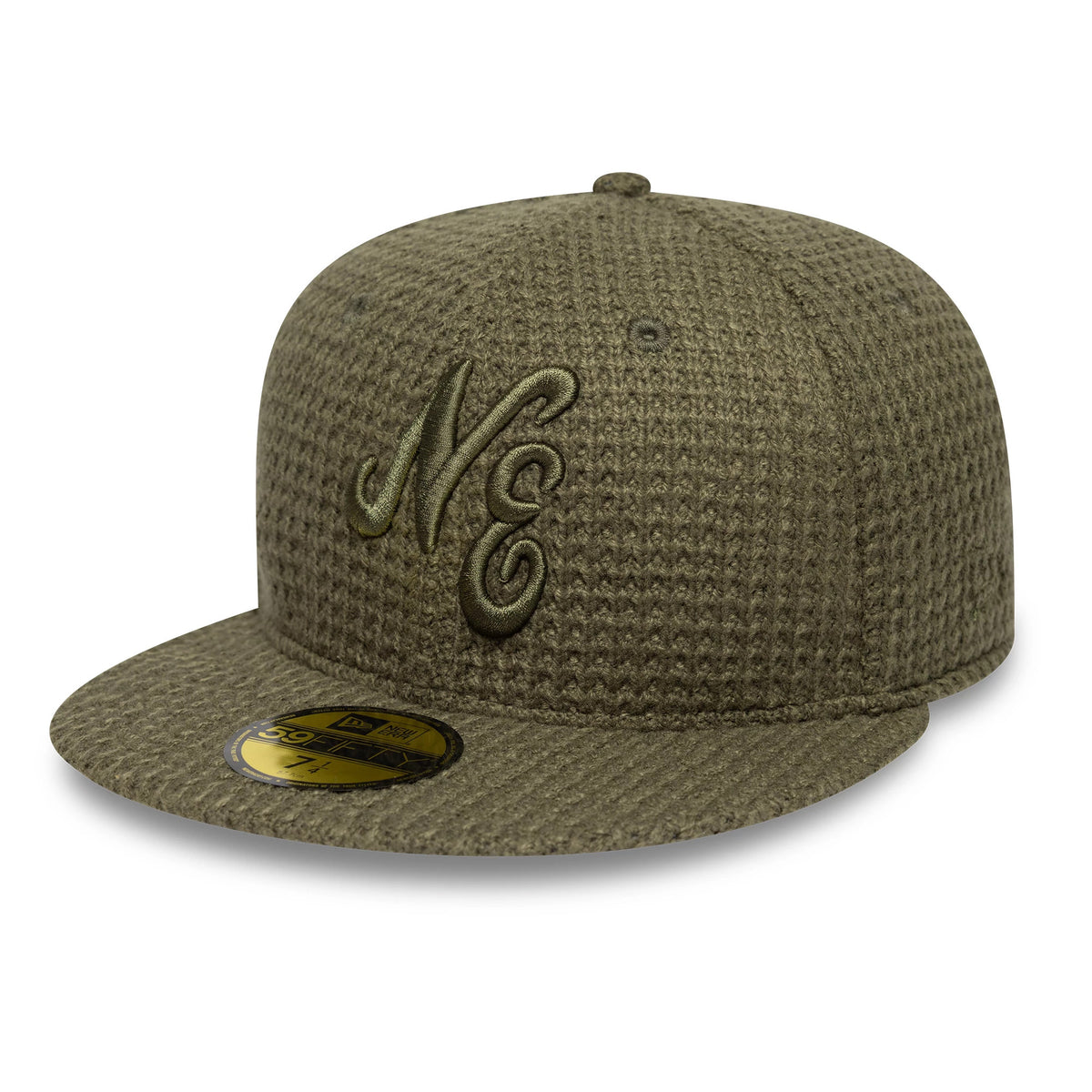 New Era Knitted Green 59FIFTY Fitted Cap, front view showing an olive-coloured embroidered New Era script logo on the textured front panel, a matching flat visor, and a gold 59FIFTY size sticker on the top of the visor.