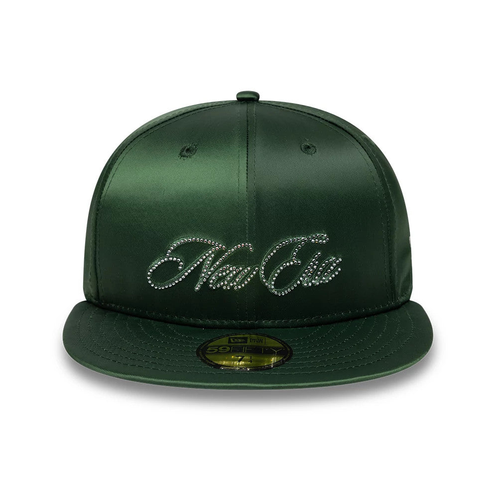 New Era Satin Diamante Dark Green 59FIFTY Fitted Cap, front view showing sparkly diamanté New Era lettering on the front panel, a dark green satin finish, and a gold 59FIFTY size sticker on the flat dark green visor.