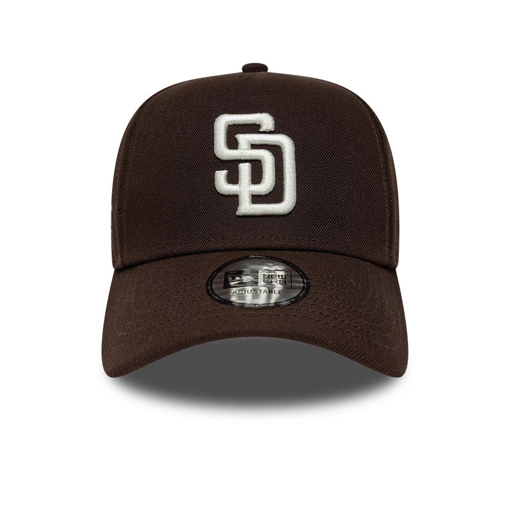 Padres MLB Mythical Icon Dark Brown New Era 9FORTY E-Frame Adjustable Cap, front view showing the white raised embroidered SD logo on the structured dark brown crown, with a curved visor and a 9FORTY size sticker on the centre of the visor.