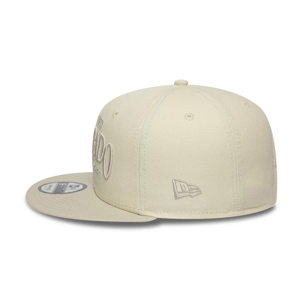 Pictured is this New Era Fabric Script 9FIFTY Snapback cap in cream. 4