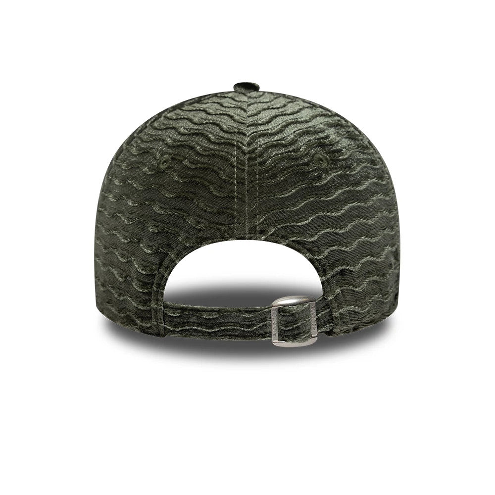 New York Mets Womens MLB Velour Green New Era 9FORTY Adjustable Cap, rear view showing the textured green velour fabric, an adjustable strap with a silver buckle, and a curve at the base of the structured crown.