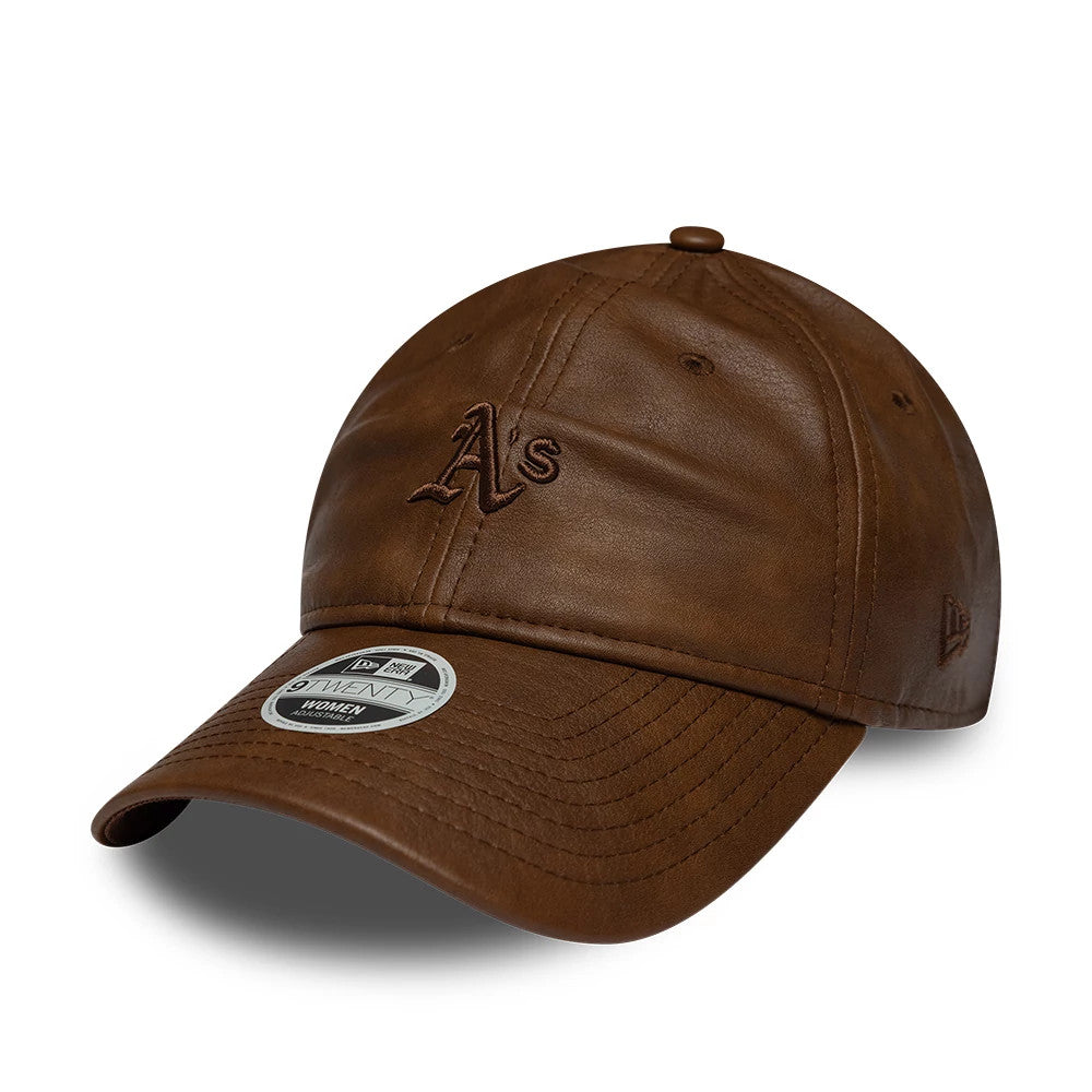Athletics Womens MLB Washed PU Brown New Era 9TWENTY Adjustable Cap, three-quarter view showing the brown embroidered A's logo on the front panel, the curved brown visor with a 9TWENTY size sticker, and the New Era flag logo on the left side.