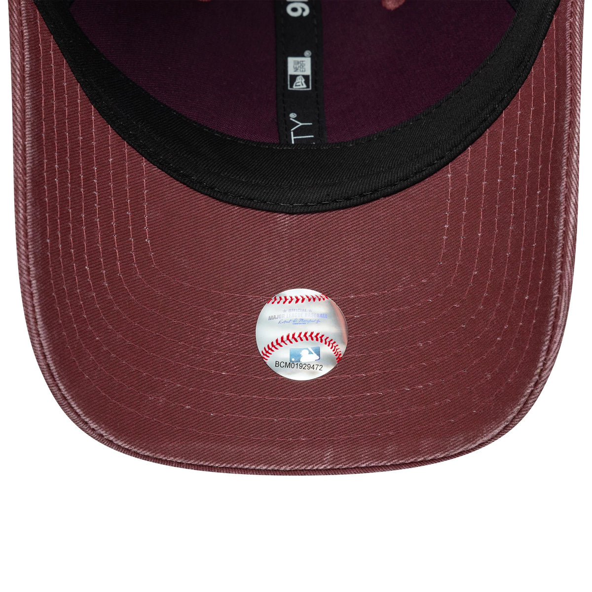 LA Dodgers MLB Ombre Dark Red New Era 9FORTY Adjustable Cap, inside view showing the black sweatband against the dark red undervisor, with a round baseball-themed sticker positioned in the centre and New Era branding on the taping.
