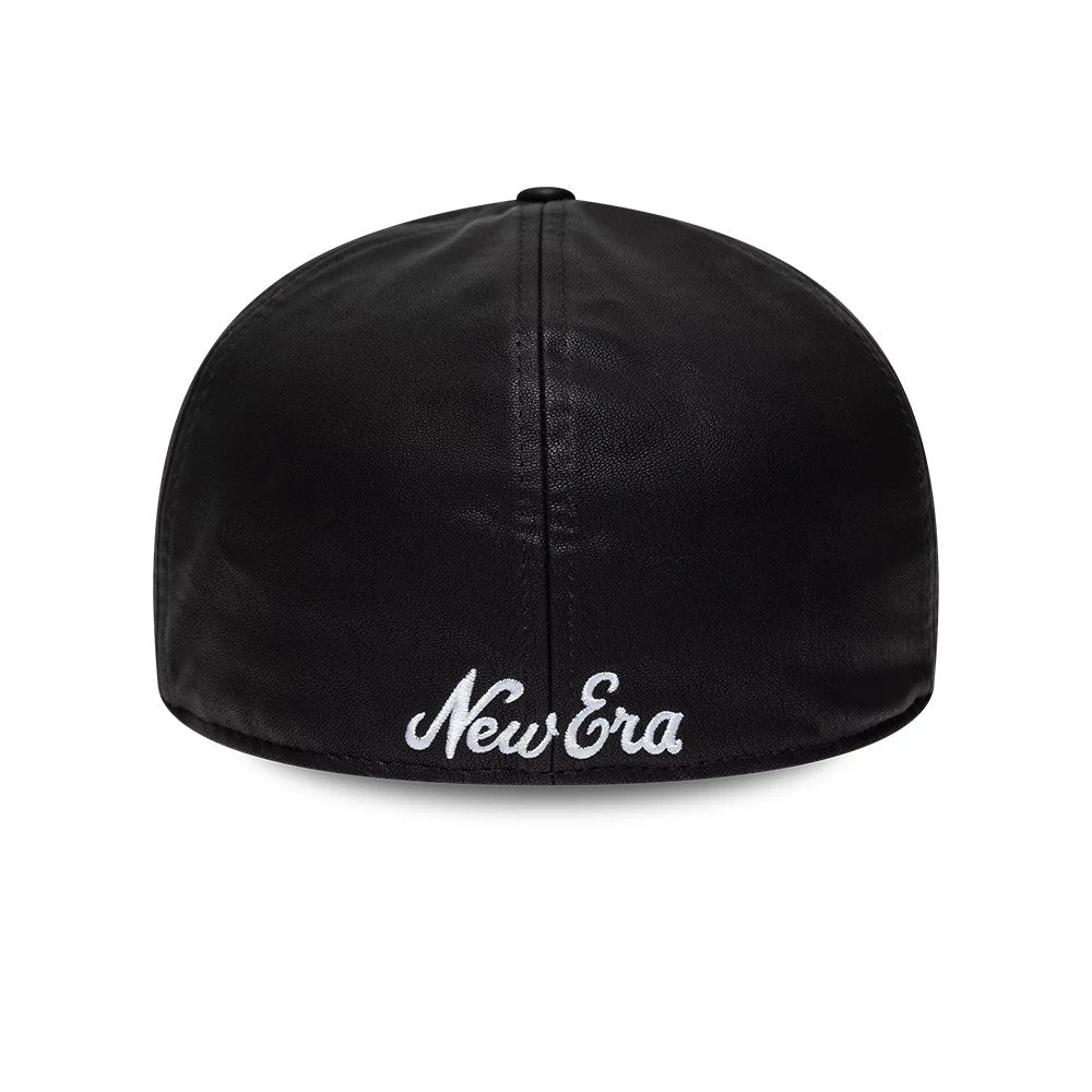 New Era PU Black Duckbill Cap, rear view showing a white embroidered New Era script logo centred above the black curved edge, with black material and a streamlined panel shape.