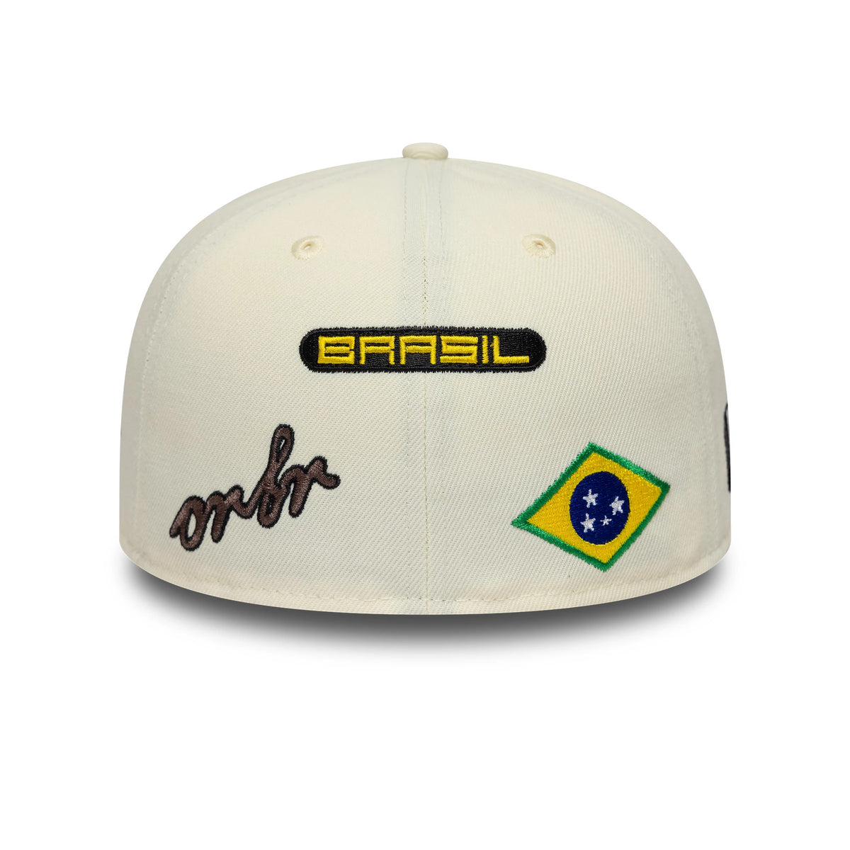 Red Bull Racing Brazil Race Special Cream New Era 59FIFTY Fitted Cap, rear view showing a Brasil embroidery in yellow and black, a signature-style orbr logo in brown, and a colourful Brazilian flag patch on the lower panels.