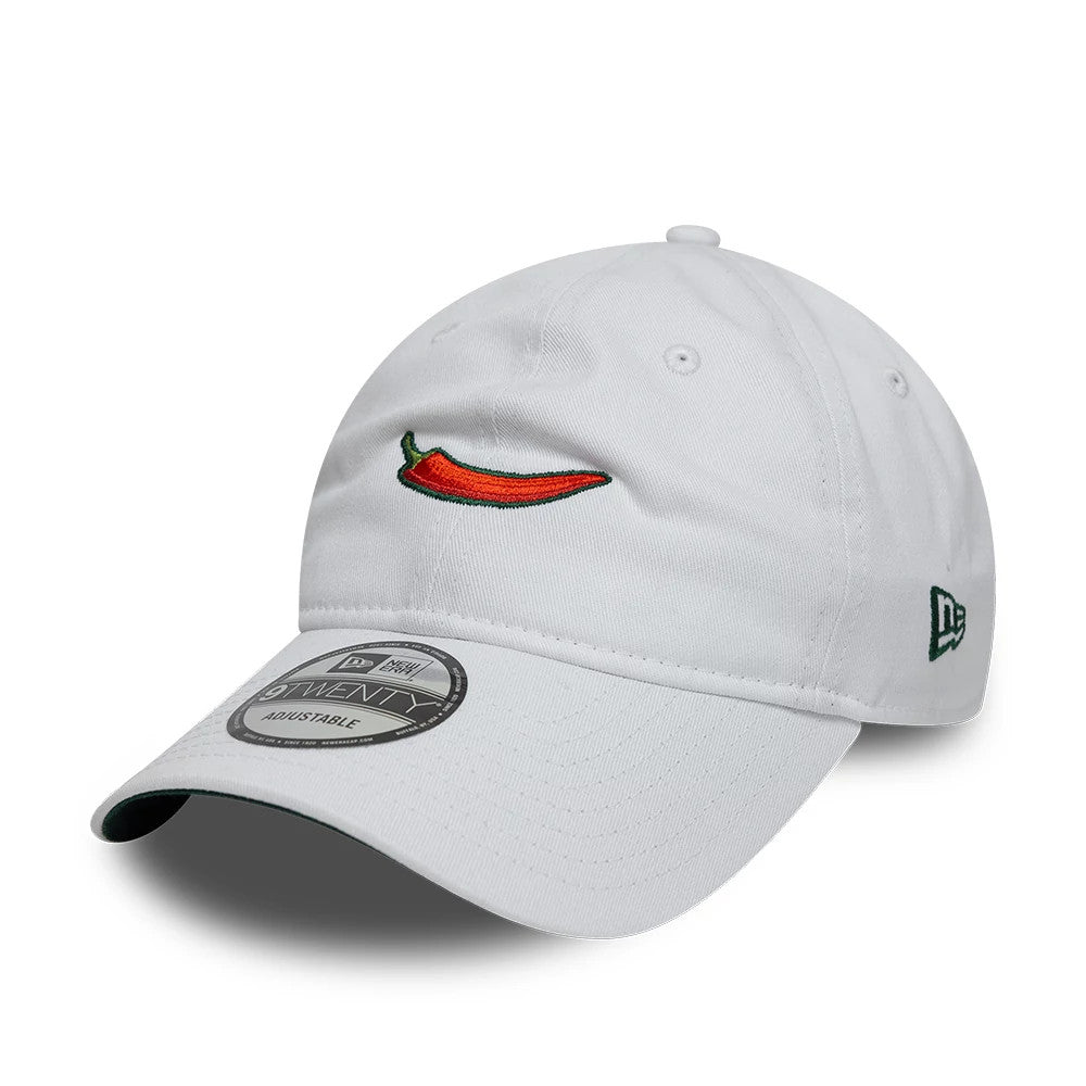 Carlos Sainz Team Fifty5 Chilli White New Era 9TWENTY Adjustable Cap, three-quarter view showing the red chilli pepper embroidered on the front panel, the curved white visor with 9TWENTY size sticker, and the New Era flag logo on the left side.