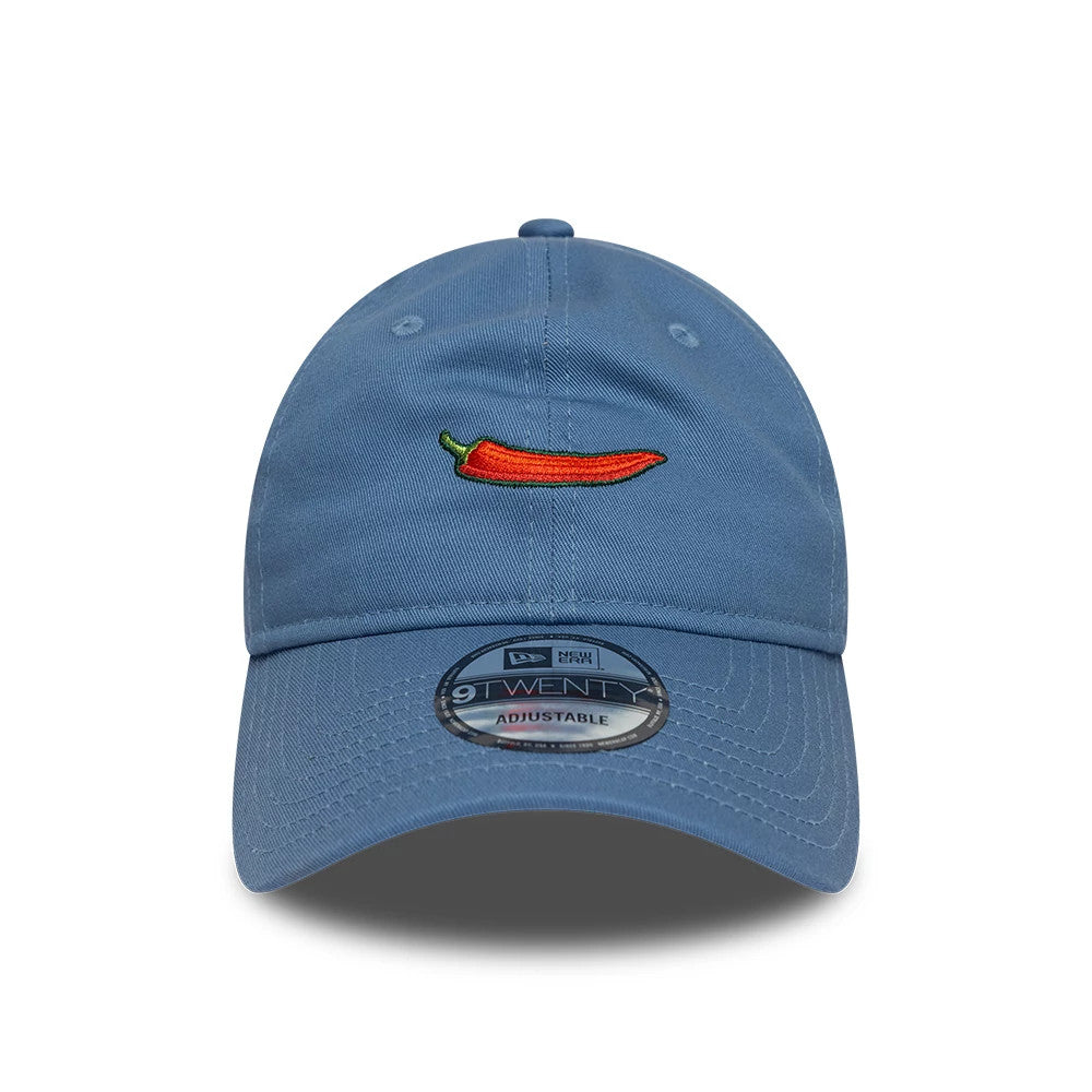 Carlos Sainz Team Fifty5 Chilli Blue New Era 9TWENTY Adjustable Cap, front view showing the red and green embroidered chilli pepper design on the unstructured blue crown, with a 9TWENTY size sticker on the curved visor.