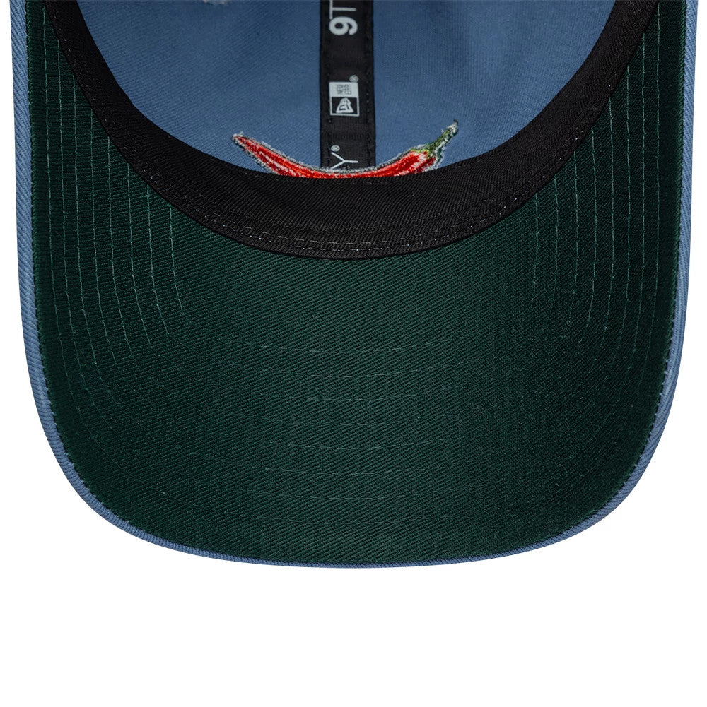 Carlos Sainz Team Fifty5 Chilli Blue New Era 9TWENTY Adjustable Cap, inside view showing the dark green undervisor, blue sweatband, and black taping with a red embroidered chilli graphic on the underpanel.