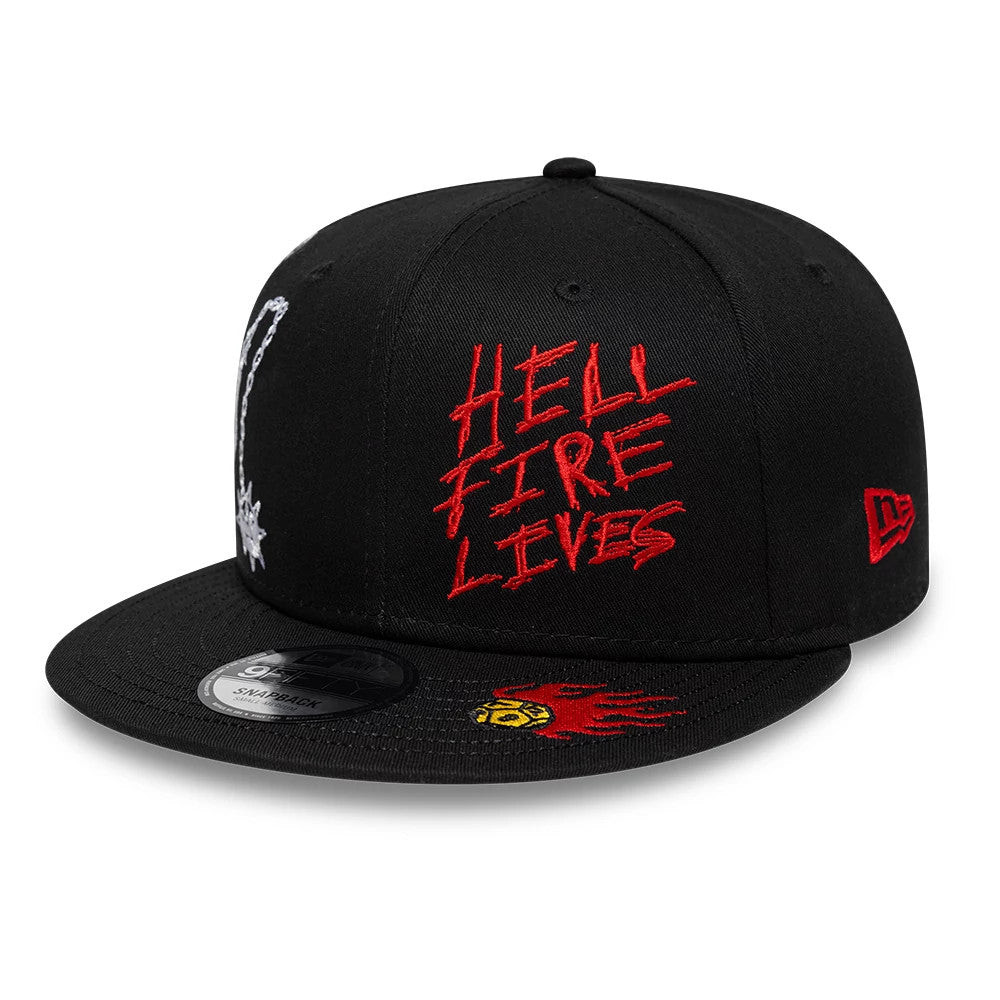 Netflix Stranger Things Hellfire Lives Black New Era 9FIFTY Snapback Adjustable Cap, front view showing the red embroidered Hellfire Lives text on the right front panel, a flaming yellow embroidery on the visor.