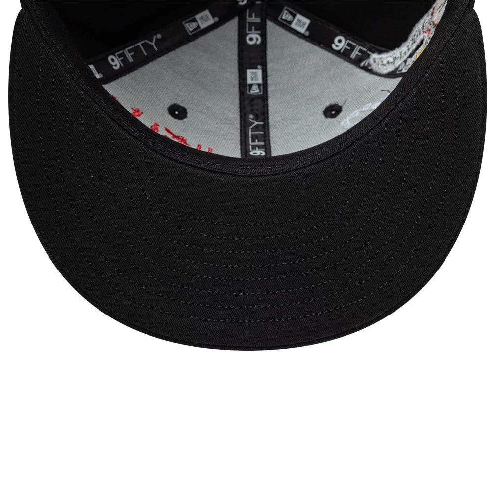 Netflix Stranger Things Hellfire Lives Black New Era 9FIFTY Snapback Adjustable Cap, inside view showing the black 9FIFTY taping along the seams, a grey sweatband, black eyelets on grey panels, and the black under-visor.
