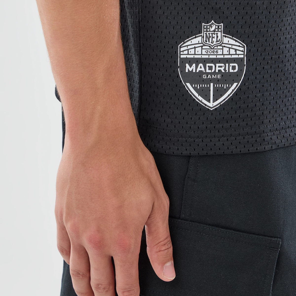 The model is wearing this NFL International Games 2026 Graphic Atlanta Falcons Mesh Jersey in black. 7