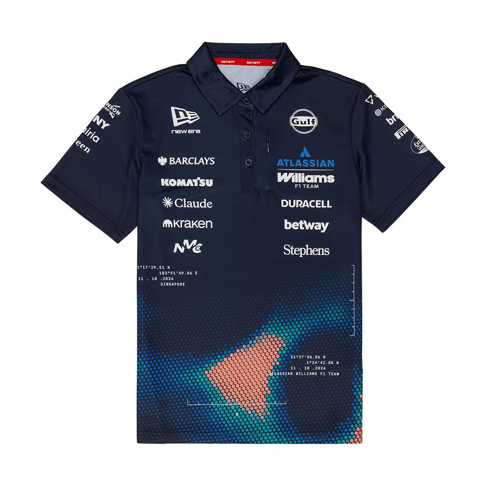 The model is wearing this Womens Singapore Williams Tech Polo T-Shirt in navy. 1