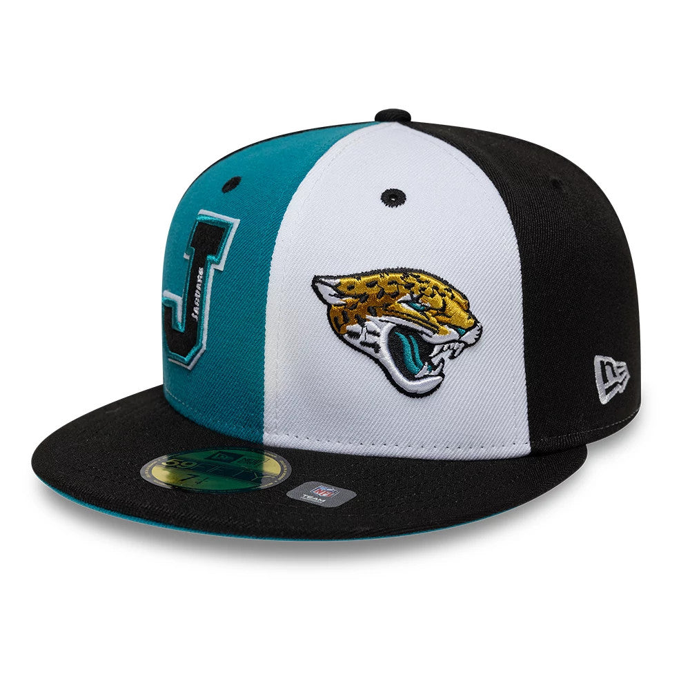 Jaguars NFL International Games Black New Era 59FIFTY Fitted Cap, front view featuring a raised jaguar logo embroidered on the white front panel, with a teal and black split-colour design, and a 59FIFTY size sticker on the black visor.