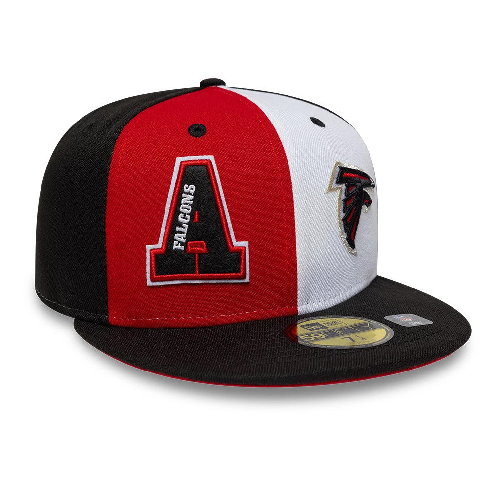 Atlanta Falcons NFL International Games Black New Era 59FIFTY Fitted Cap, three-quarter view showing the large embroidered red and black A logo with Falcons text on the front left panel, a textured Falcons emblem on the front right.