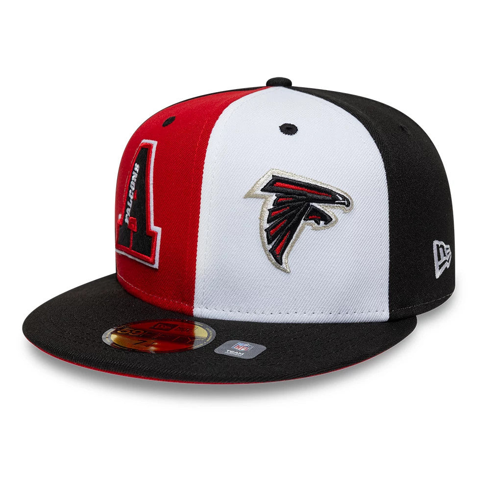 Atlanta Falcons NFL International Games Black New Era 59FIFTY Fitted Cap, front view showing the raised embroidered Falcon logo on a white panel next to a large embroidered red A on a red panel.