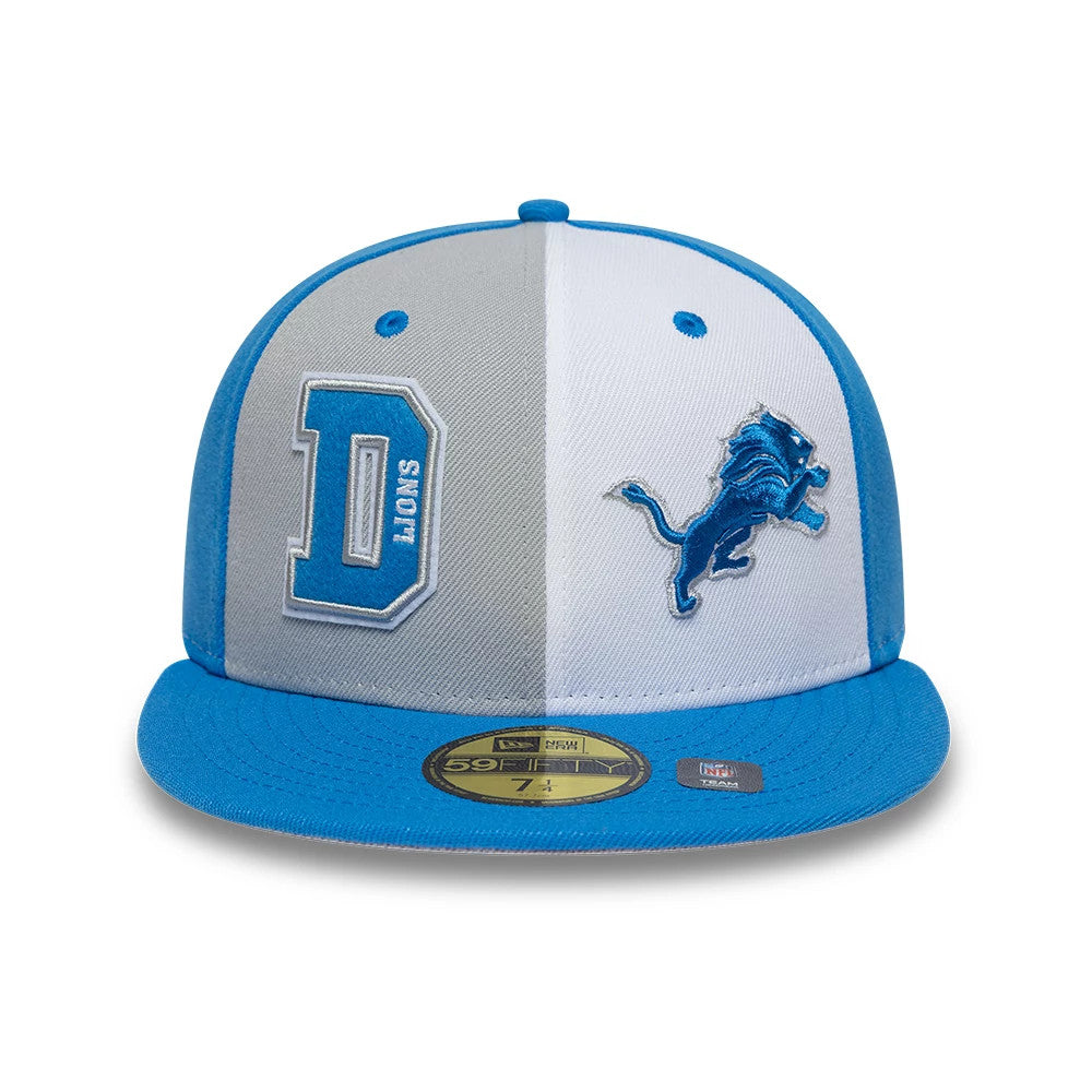 Detroit Lions NFL International Games Blue New Era 59FIFTY Fitted Cap, front view showing an embroidered blue Lions logo on the right front panel, a large embroidered D and 'Lions' text on the left.