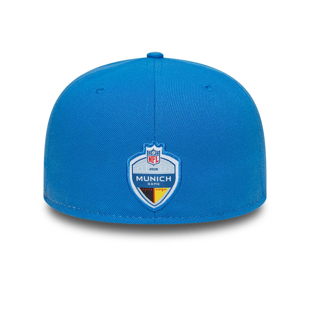 Detroit Lions NFL International Games Blue New Era 59FIFTY Fitted Cap, rear view showing the embroidered NFL Munich Game 2024 logo centred prominently on the back panels, with a structured blue crown and matching top button.