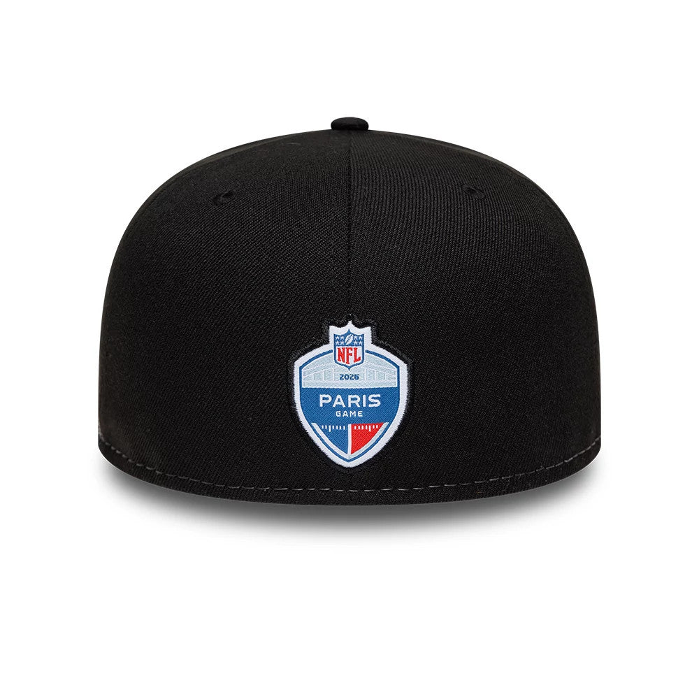 Saints NFL International Games Black New Era 59FIFTY Fitted Cap, rear view showing the embroidered NFL Paris Game 2024 logo centrally positioned on the structured black crown, accentuating the minimalist design of this fitted cap.