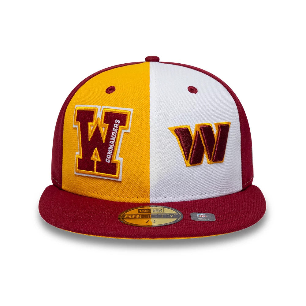 Commanders NFL International Games Dark Red New Era 59FIFTY Fitted Cap, front view showing raised embroidery with a yellow and white split panel design featuring a large W Commanders logo on the left front panel.