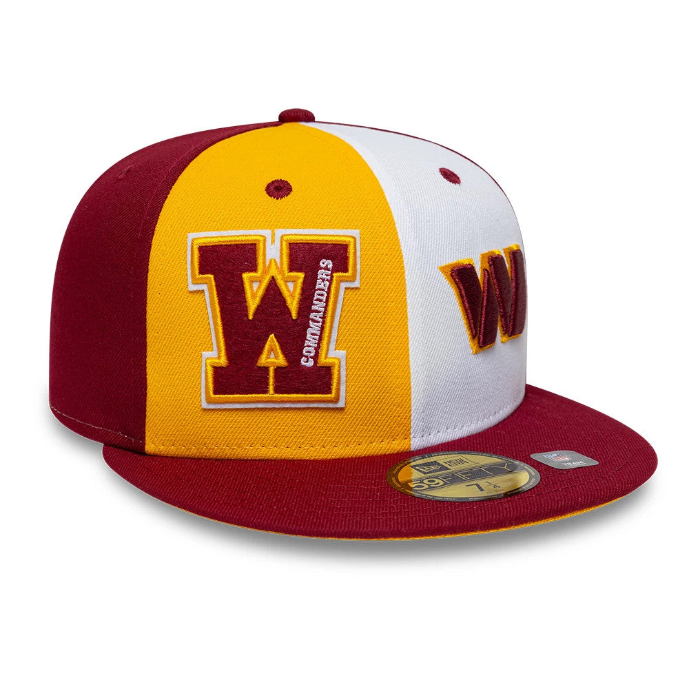 Commanders NFL International Games Dark Red New Era 59FIFTY Fitted Cap, three-quarter view showing a large burgundy and yellow W with Commanders text on the front panel, a burgundy structured crown and visor, and a gold 59FIFTY size sticker.