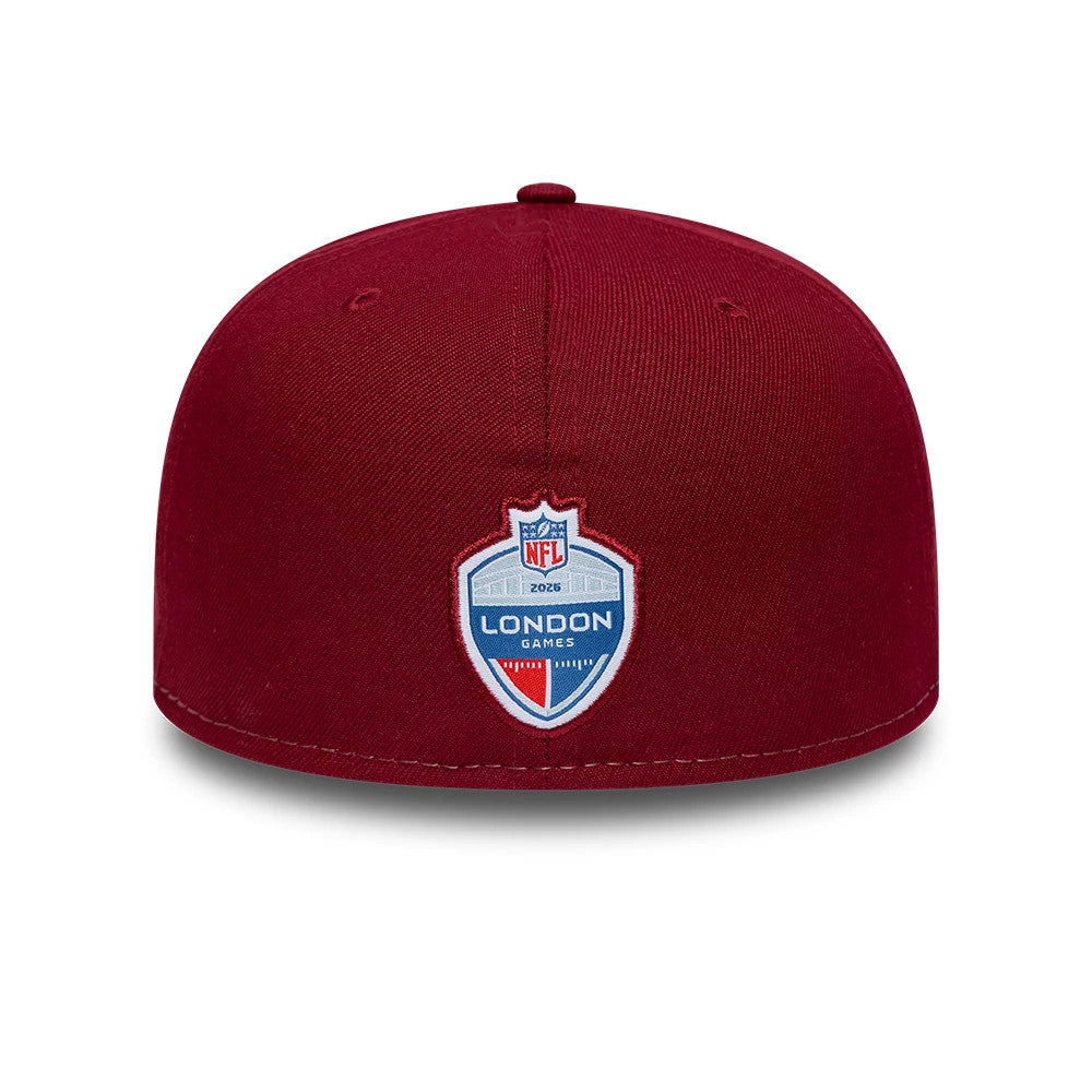 Commanders NFL International Games Dark Red New Era 59FIFTY Fitted Cap, rear view showing the embroidered NFL 2023 London Games logo centrally placed on the dark red structured crown with a slightly curved visor and matching top button.