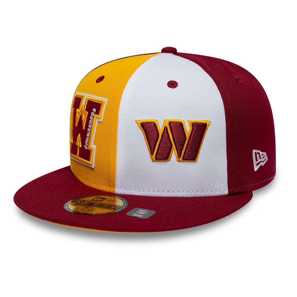 Commanders NFL International Games Dark Red New Era 59FIFTY Fitted Cap, front view showing a large burgundy and yellow W logo embroidered on the white front panel, burgundy visor with gold 59FIFTY size sticker, and New Era flag logo on the left side.