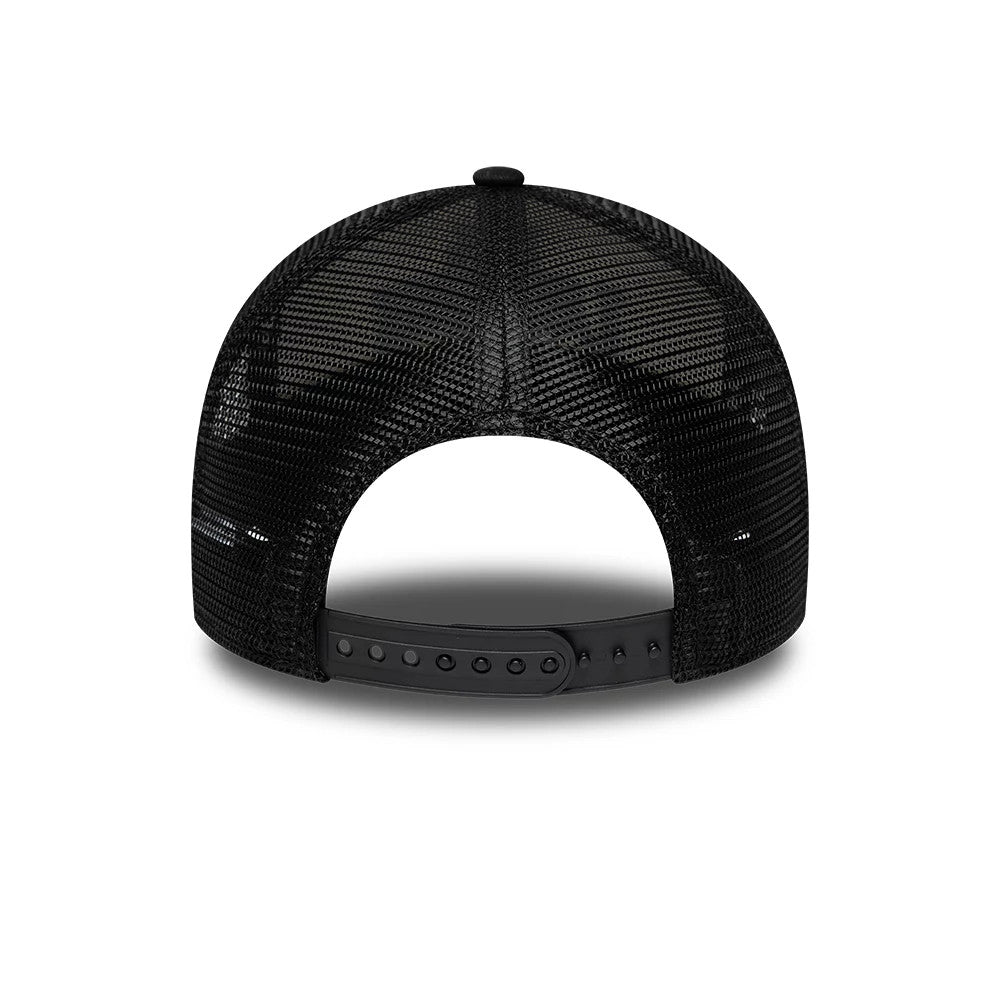 Jaguars NFL International Games 2026 London Black New Era 9FORTY A-Frame Trucker Adjustable Cap, rear view showing the structured black mesh panels and a black adjustable snap closure, highlighting the curved opening at the back.