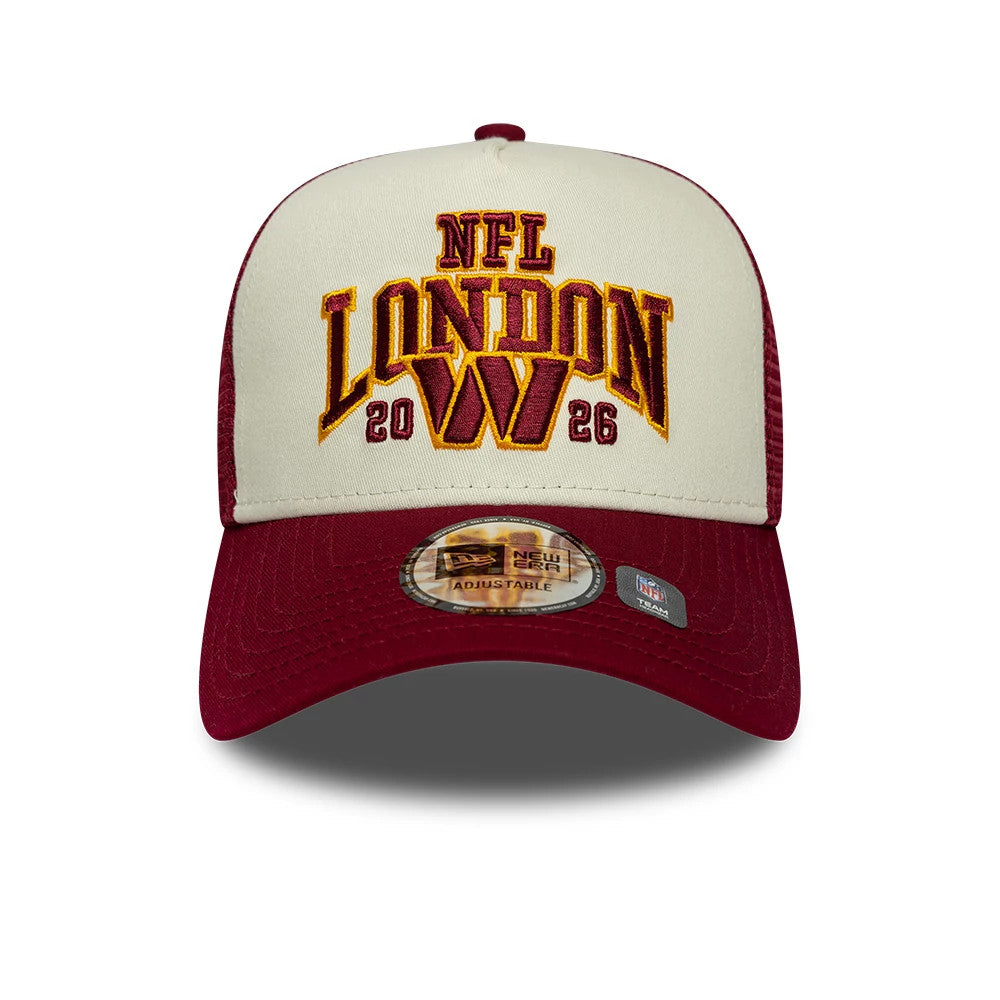 Pictured is this NFL International Games 2026 London Washington Commanders 9FORTY A-Frame Trucker cap in dark red. 2