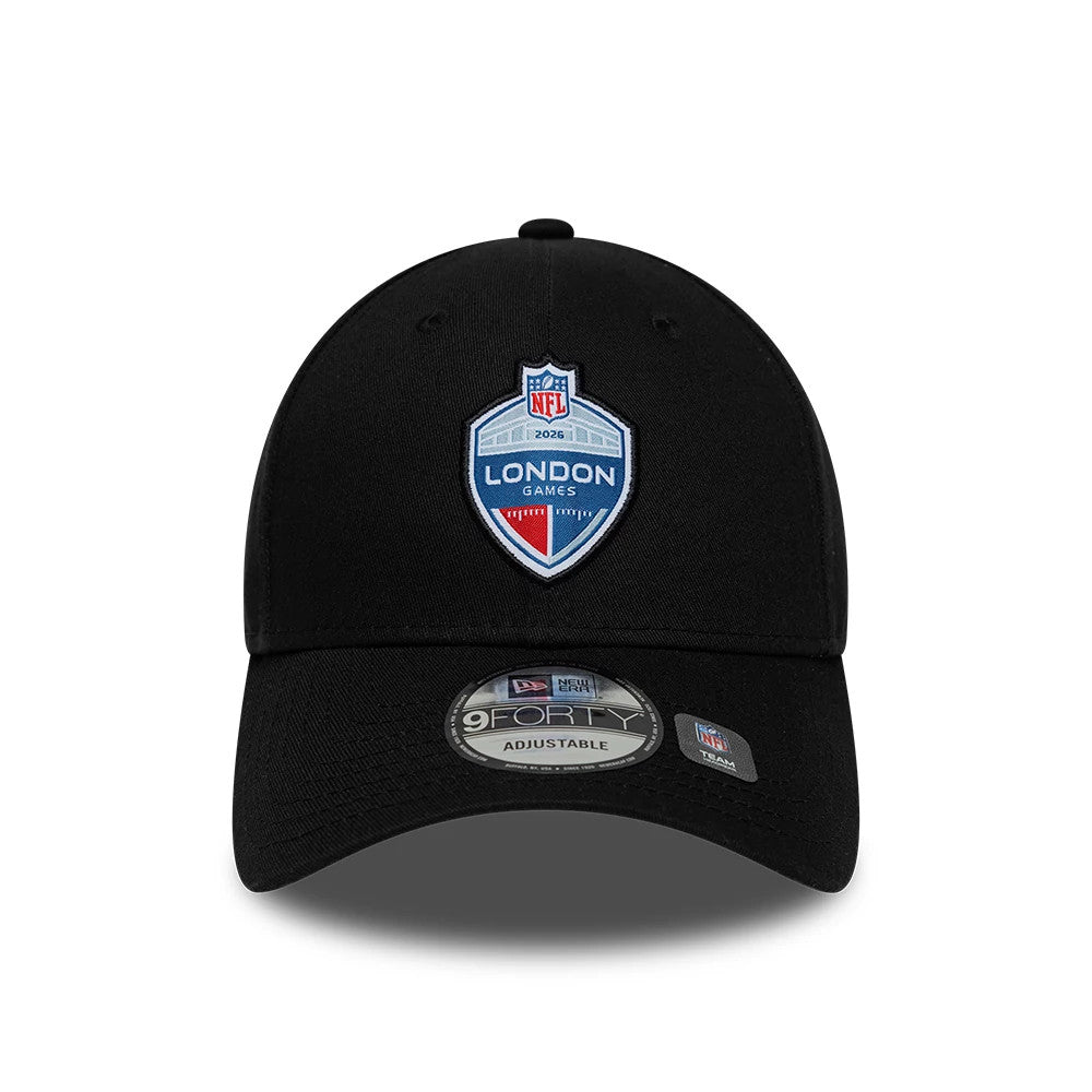 NFL International Games 2026 London Black New Era 9FORTY Adjustable Cap, front view showing the embroidered multicolour London Games shield logo on the structured black crown, curved black visor, and 9FORTY size sticker centred on the visor.