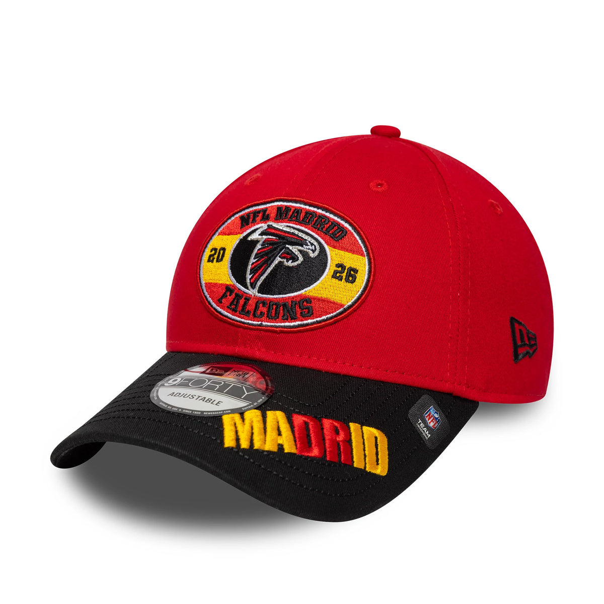 Pictured is this NFL International Games 2026 Madrid Atlanta Falcons 9FORTY cap in red & black. 1