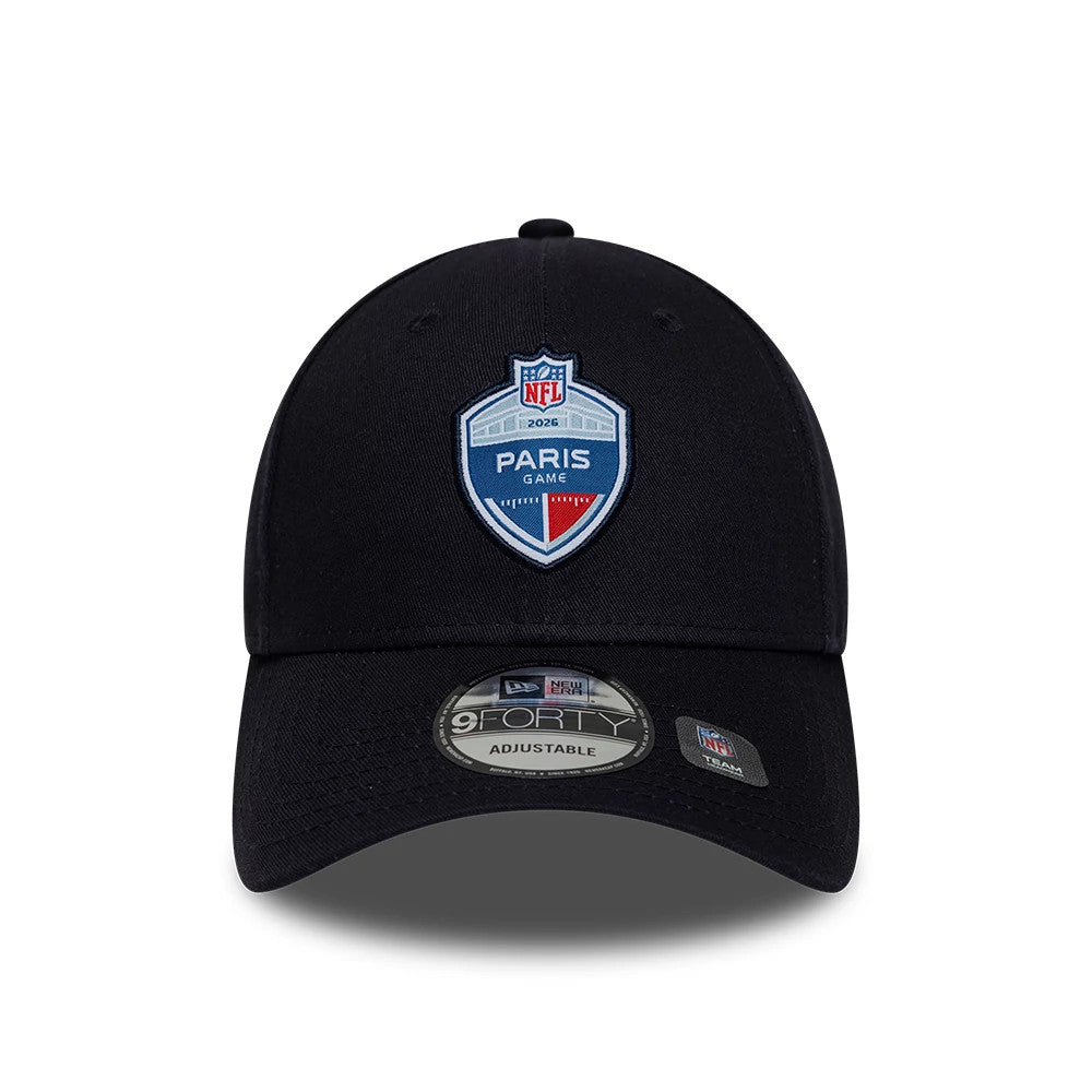 NFL International Games 2026 Paris Navy New Era 9FORTY Adjustable Cap, front view showing an embroidered Paris Game 2026 logo patch on the structured navy crown, curved navy visor, and 9FORTY size sticker on the visor.