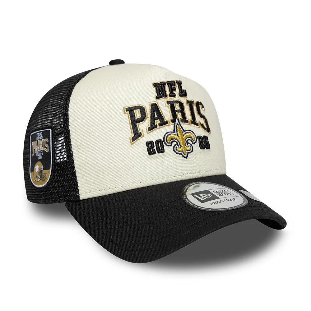Pictured is this NFL International Games 2026 Paris New Orleans Saints 9FORTY A-Frame Trucker cap in black. 1