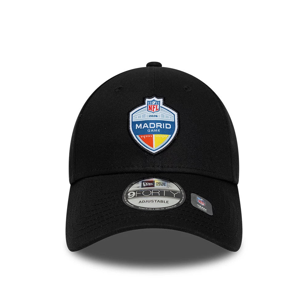 NFL International Games 2026 Madrid Black New Era 9FORTY Adjustable Cap, front view showing the multicoloured NFL Madrid Game patch embroidered on the structured black crown, with a curved visor and a clearly 9FORTY size sticker.
