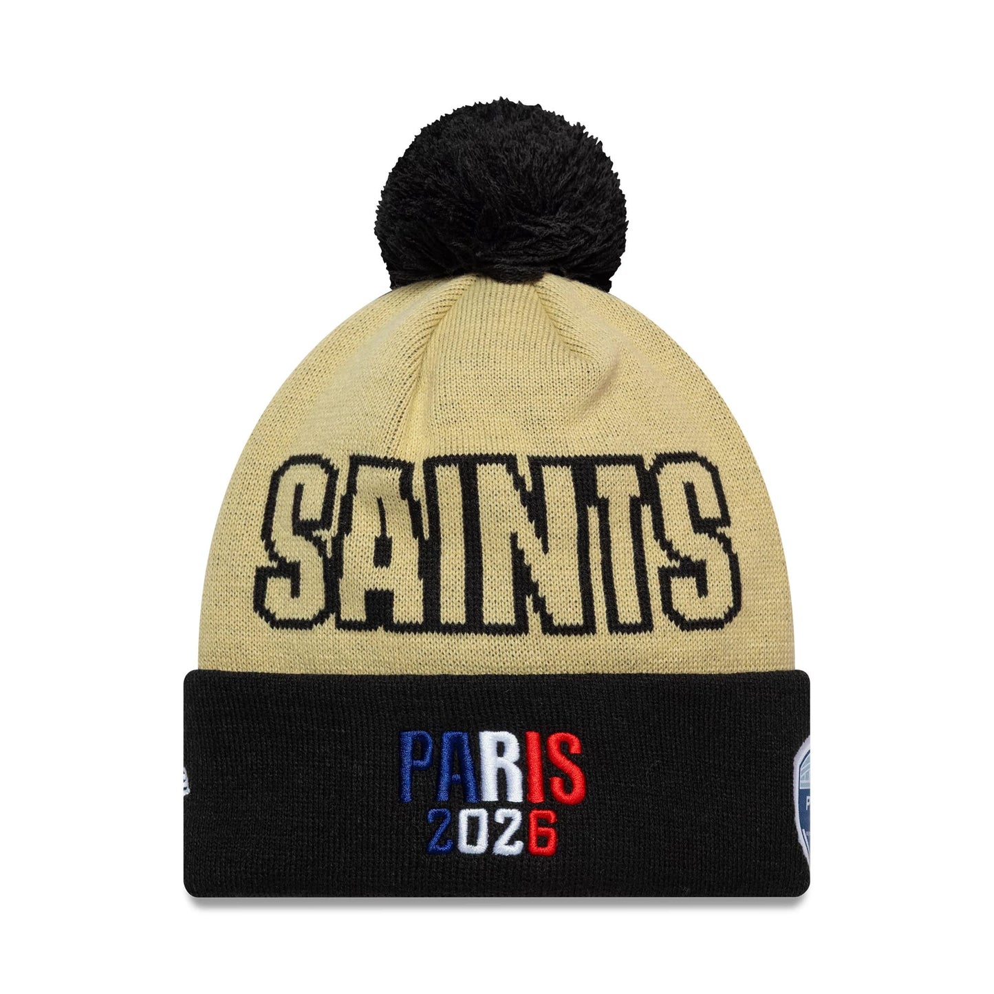 Pictured is this NFL International Series Games 2026 Paris New Orleans Saints Cuff Knit Beanie hat in light beige. 2