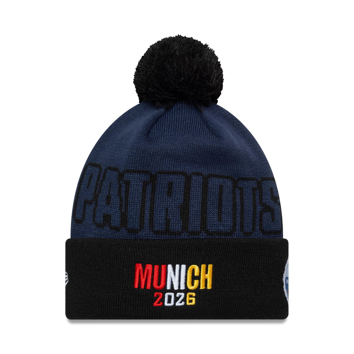 Pictured is this NFL International Series Games 2026 Munich New England Patriots Cuff Knit Beanie hat in dark blue. 2