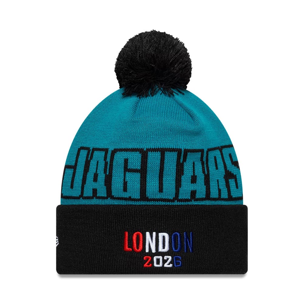 Pictured is this NFL International Series Games 2026 London Jacksonville Jaguars Cuff Knit Beanie hat in turquoise. 2