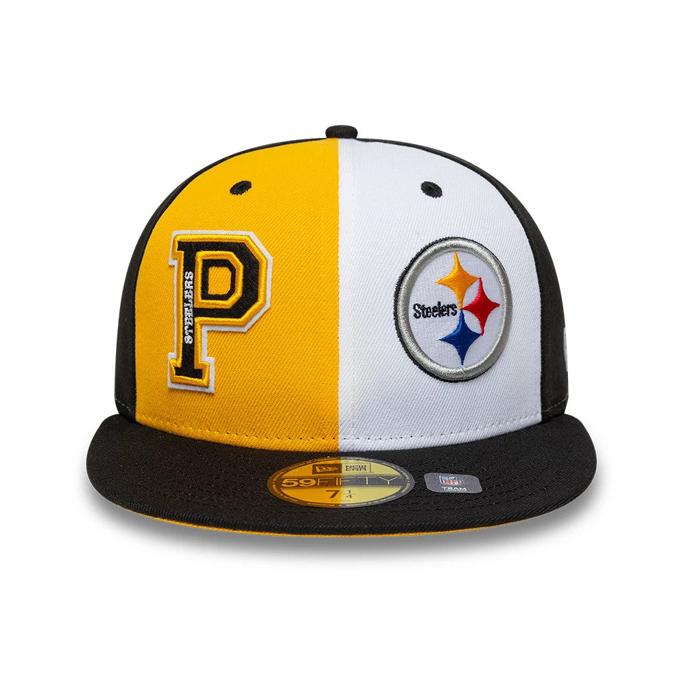 Steelers NFL International Games Black New Era 59FIFTY Fitted Cap, front view showing a split yellow and white front panel with raised Steelers logo on the right and large P on the left.