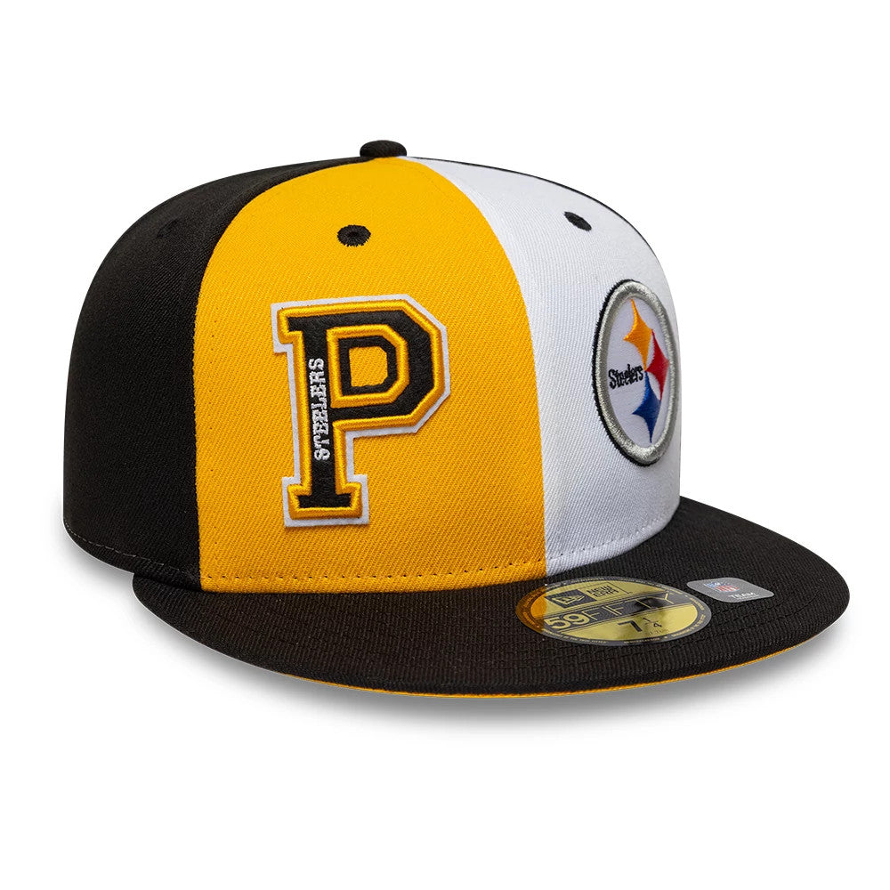 Steelers NFL International Games Black New Era 59FIFTY Fitted Cap, three-quarter view showing yellow and white panels with embroidered team graphics on the front, black flat visor, and gold 59FIFTY size sticker on the black undervisor.