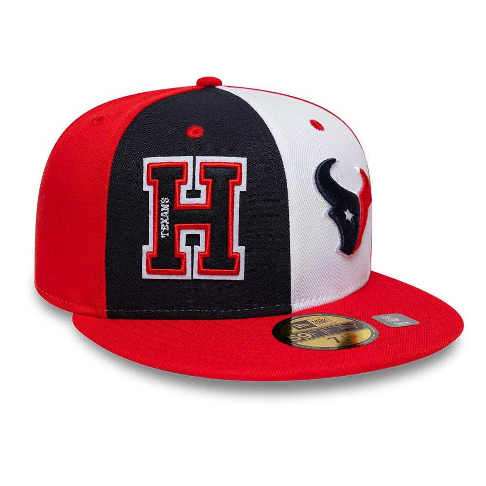 Houston Texans NFL International Games Red New Era 59FIFTY Fitted Cap, three-quarter view showing a white embroidered Texans logo on the right front panel, a large H with Texans lettering on the left, and a gold 59FIFTY size sticker on the red visor.