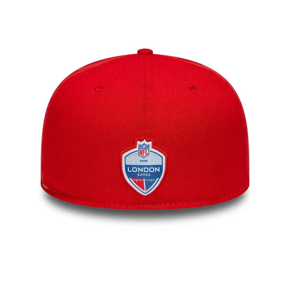 Houston Texans NFL International Games Red New Era 59FIFTY Fitted Cap, rear view showing the embroidered NFL London Games logo centred on the back panels, with a structured red crown and matching red visor, highlighting the clean design.