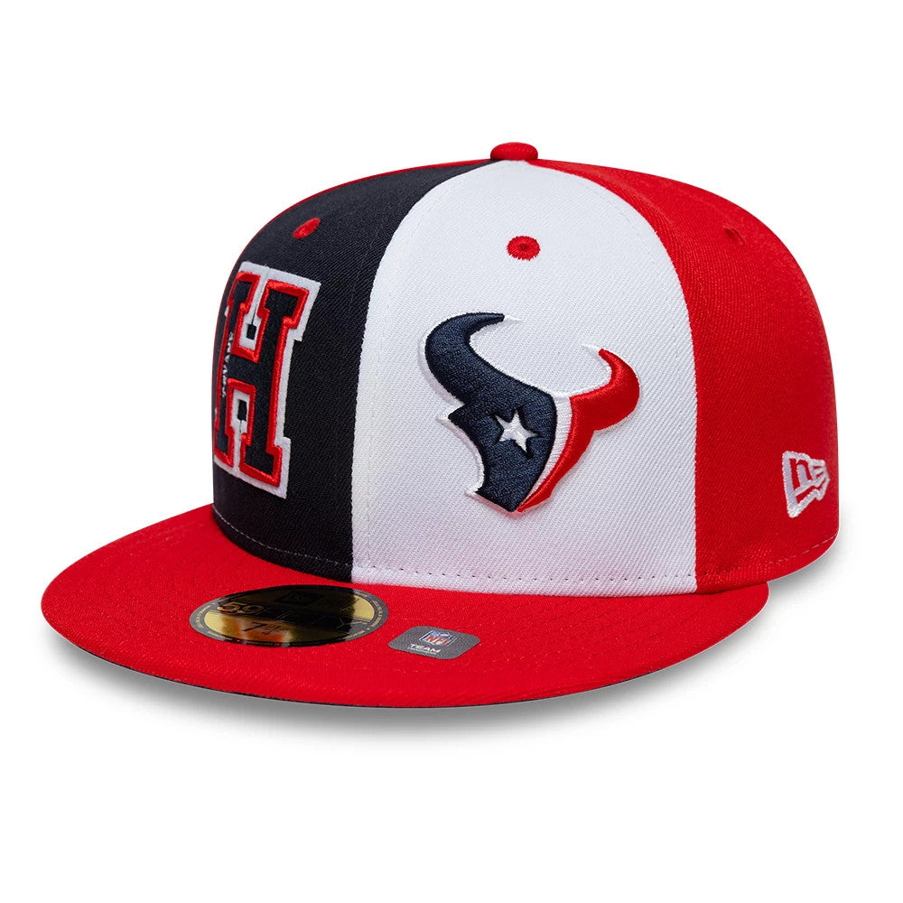 Houston Texans NFL International Games Red New Era 59FIFTY Fitted Cap, front view showing the raised embroidered Texans logo in navy and white on the white panel, adjacent to a large red H on a blue panel, with a red visor.