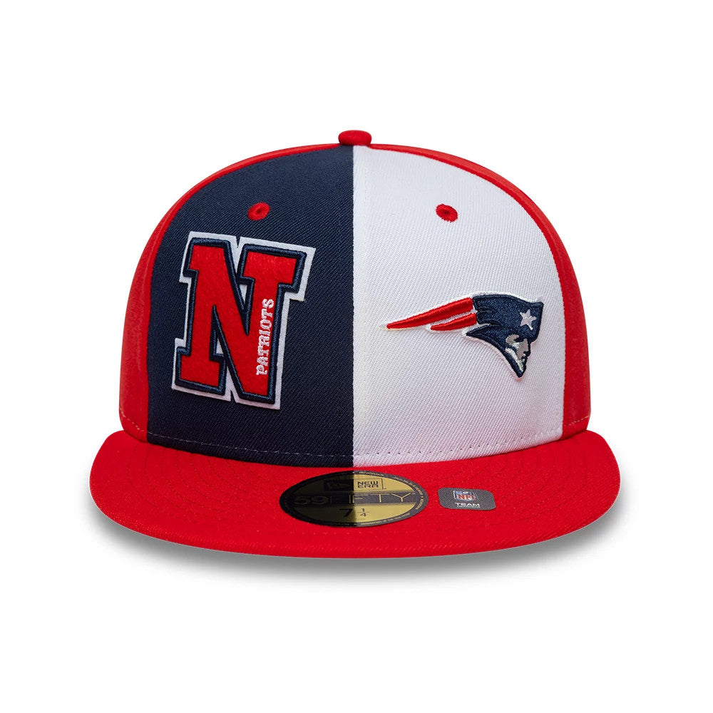 Patriots NFL International Games Red New Era 59FIFTY Fitted Cap, front view showing the split navy and white front panels with red embroidered N and Patriots text on the left panel, Patriots logo on the right.