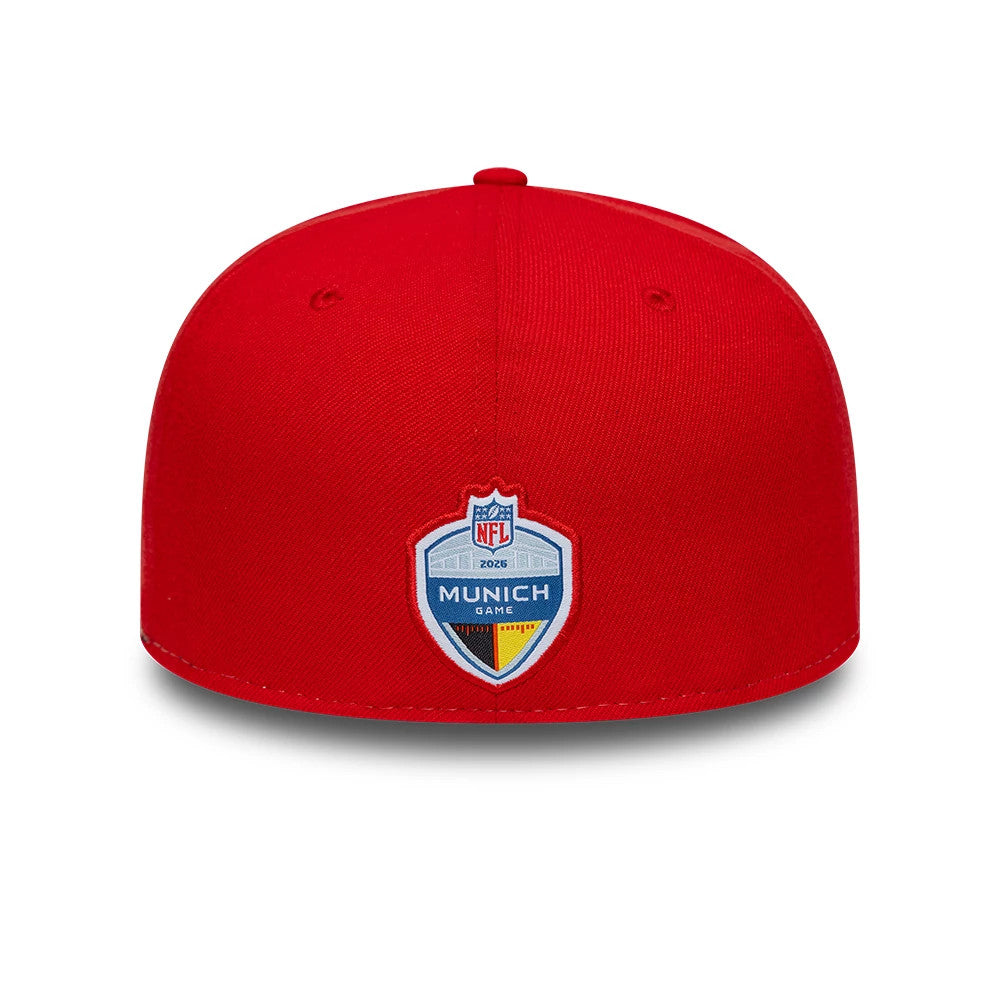 Patriots NFL International Games Red New Era 59FIFTY Fitted Cap, rear view showing the embroidered NFL Munich Game 2024 patch in blue and white at the centre of the back panels on a structured red crown.