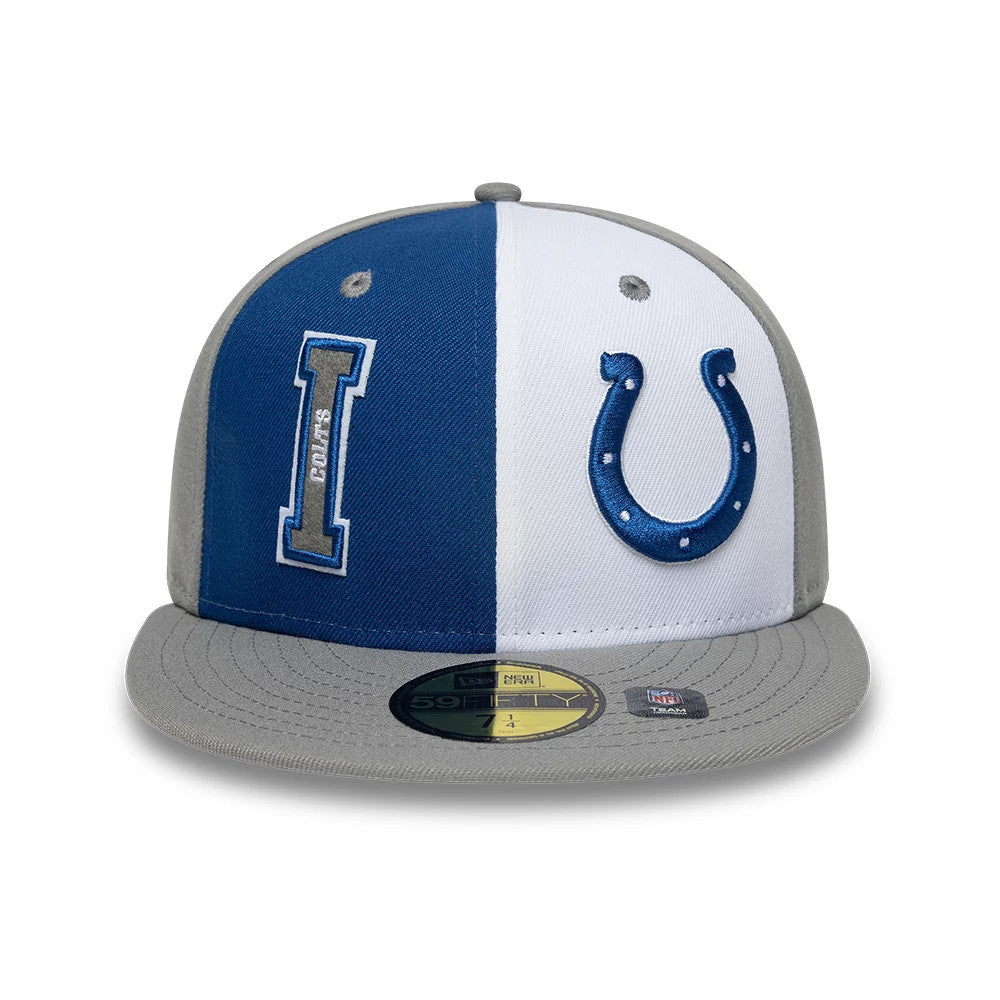 Indianapolis Colts NFL International Games Grey New Era 59FIFTY Fitted Cap, front view showing the split blue and white front panels with raised embroidery of the Colts I logo in blue and grey on the left and horseshoe on the right.
