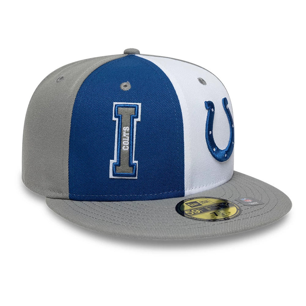 Indianapolis Colts NFL International Games Grey New Era 59FIFTY Fitted Cap, three-quarter view showing the raised blue embroidered horseshoe logo on the front white panel, the embroidered Colts lettering on the blue panel.