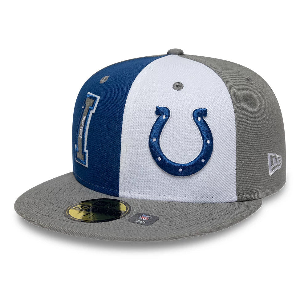 Indianapolis Colts NFL International Games Grey New Era 59FIFTY Fitted Cap, front view with a blue horseshoe logo embroidered on the white panel, a navy I graphic on the adjacent panel, and a grey flat visor with a gold 59FIFTY size sticker.