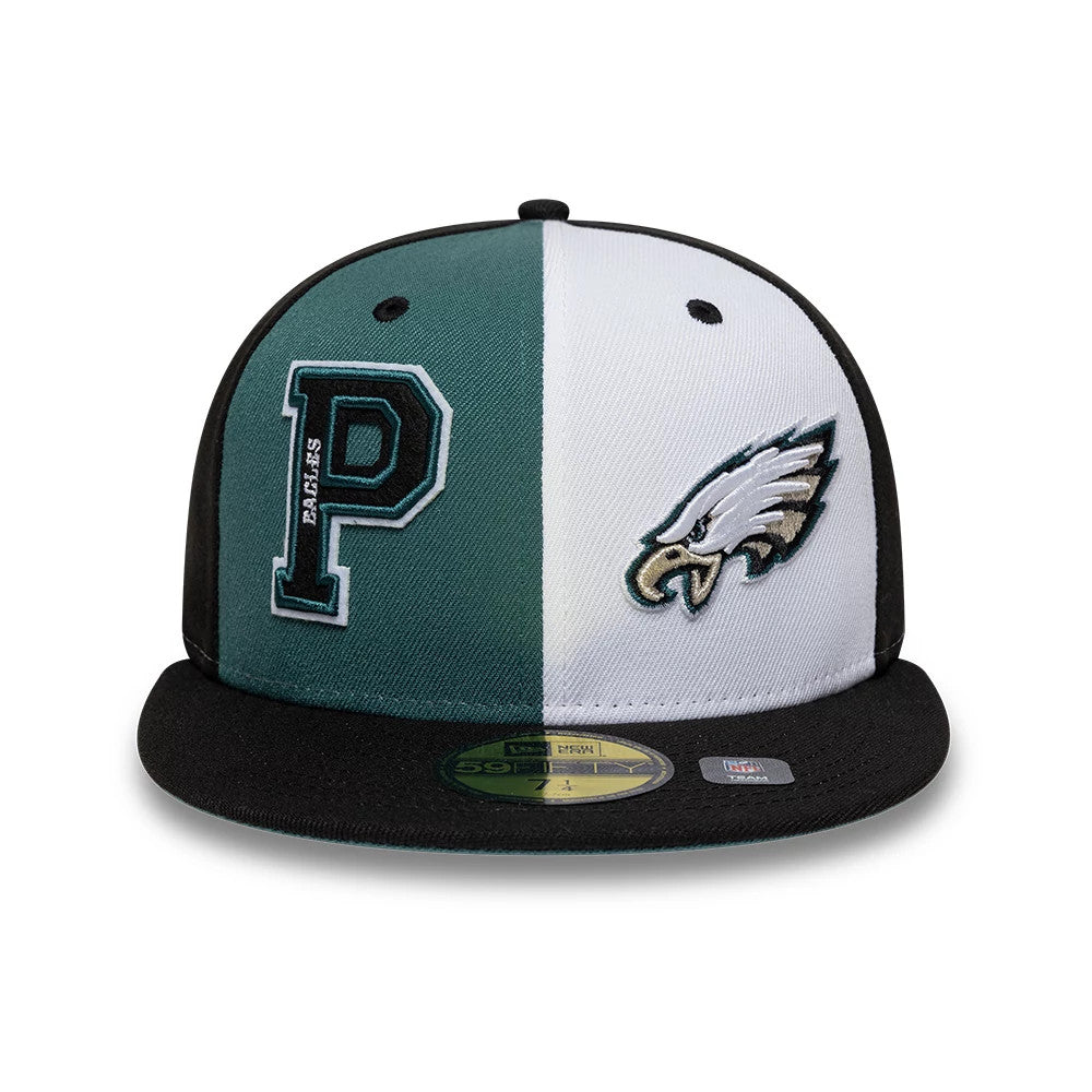 Eagles NFL International Games Black New Era 59FIFTY Fitted Cap, front view showing an embroidered Eagles logo on the white panel, a large letter P with 'EAGLES' text on the green panel, and a flat black visor with a gold 59FIFTY size sticker.